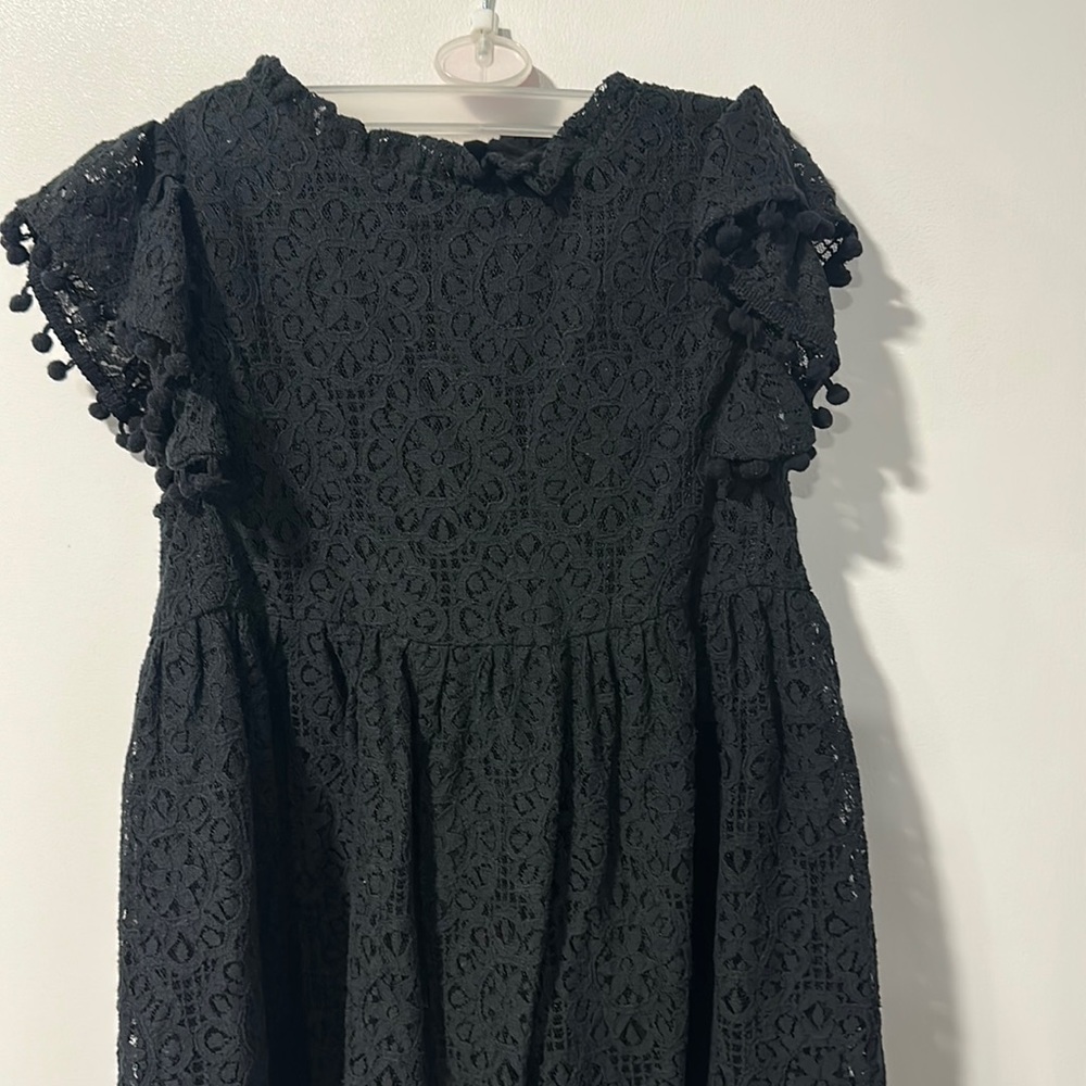 Girls black lace pom pom dress